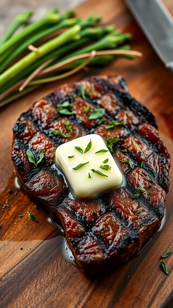 Juicy New York strip steak with herb butter on a wooden cutting board.