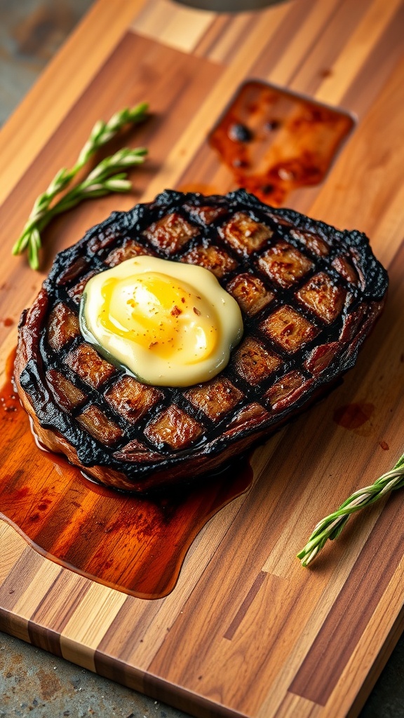 A classic ribeye steak topped with garlic butter on a wooden cutting board