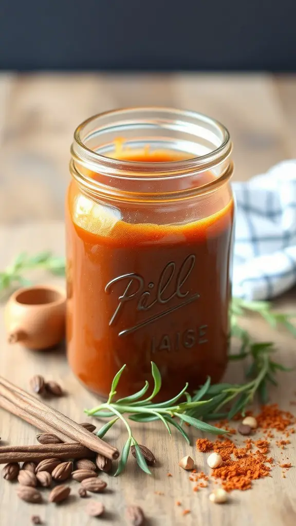 A jar of classic sweet barbecue sauce surrounded by spices.