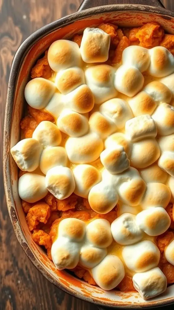 A classic sweet potato casserole topped with golden marshmallows.