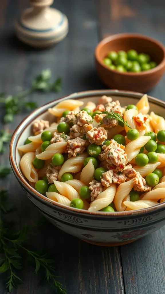 A bowl of creamy tuna pasta salad with peas, ready to serve.
