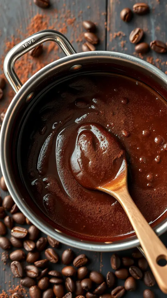 A rich cocoa coffee barbecue sauce in a saucepan with coffee beans scattered around.