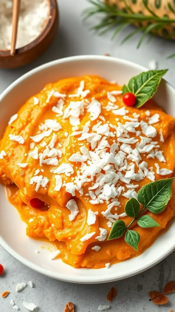 A creamy sweet potato dish topped with shredded coconut