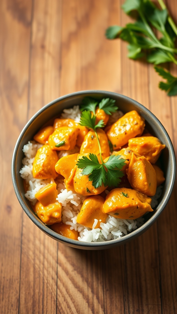 A bowl of coconut curry chicken served over rice, garnished with cilantro.