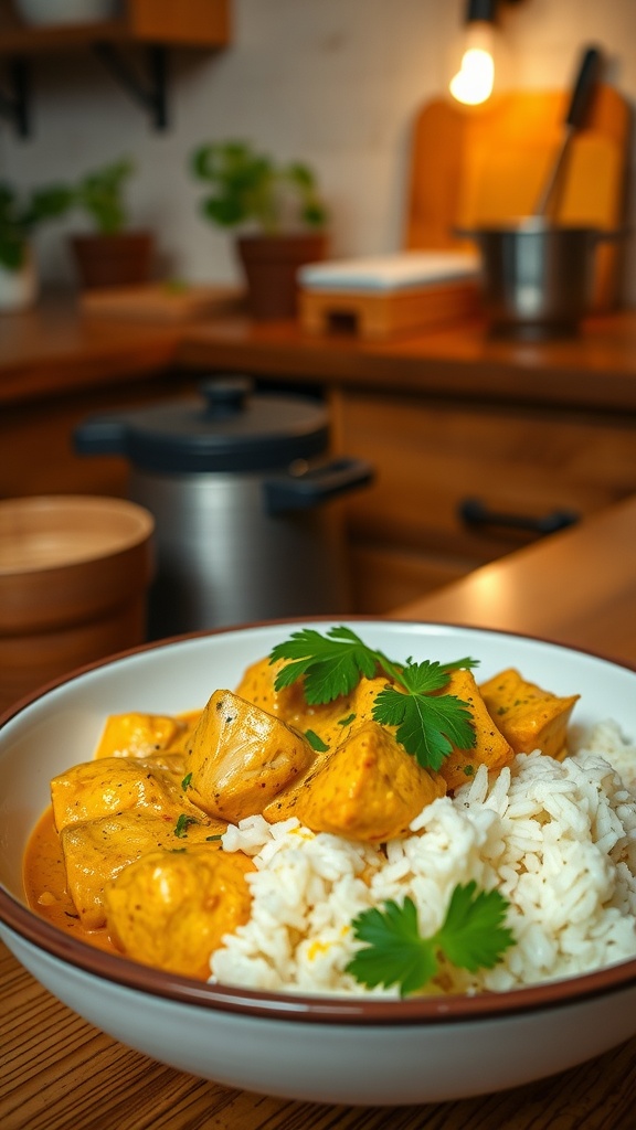 A bowl of coconut curry chicken served with rice, garnished with cilantro.