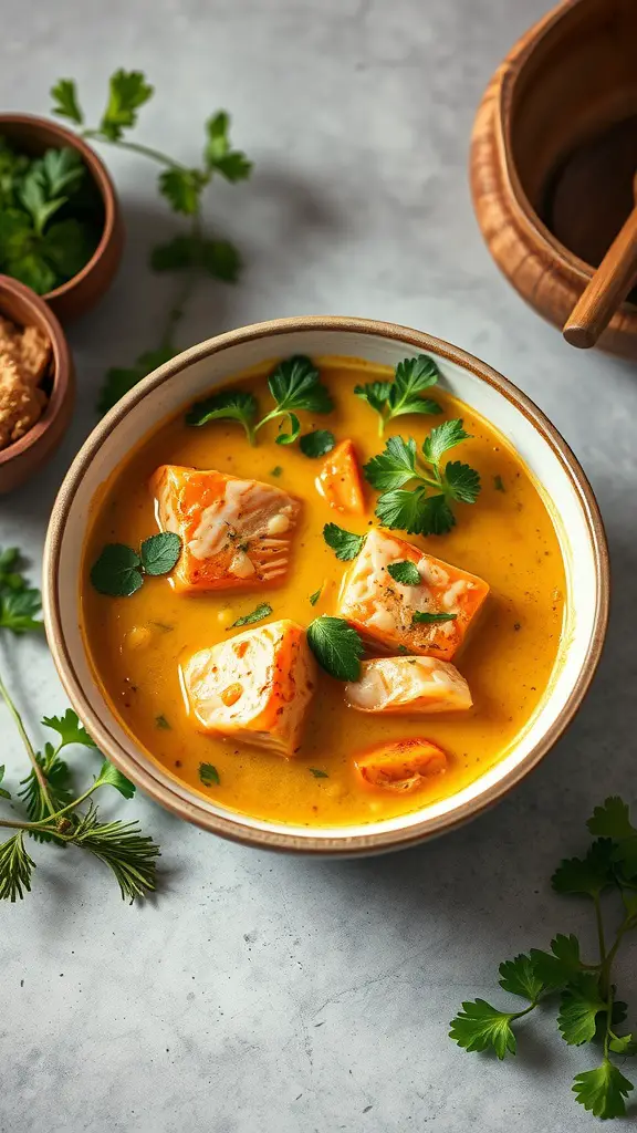 A bowl of Coconut Curry Salmon Soup garnished with cilantro and vibrant colors.