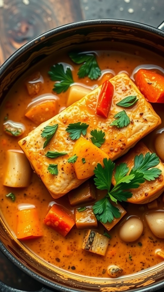 A bowl of coconut curry salmon stew with vibrant vegetables and salmon fillet topped with cilantro.