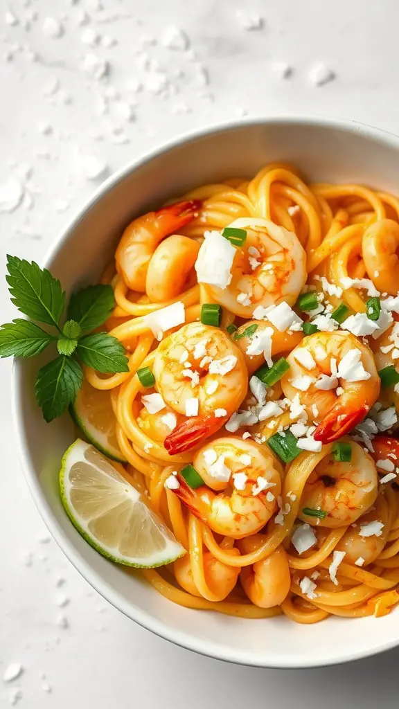 A bowl of coconut curry shrimp pasta garnished with lime and green onions.