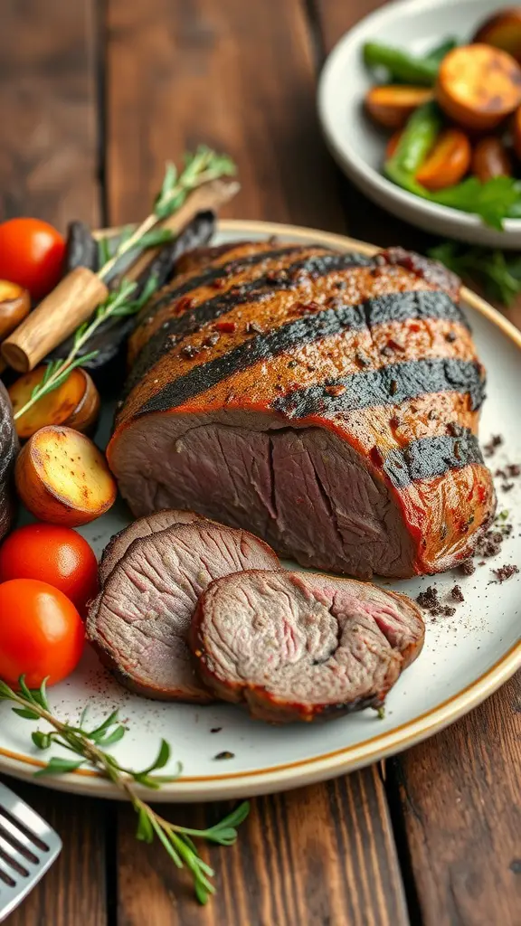 Grilled beef tenderloin slices on a plate with roasted vegetables.