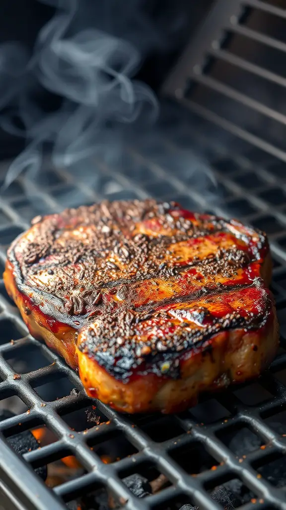 Juicy porterhouse steak with a coffee rub grilling on the barbecue.