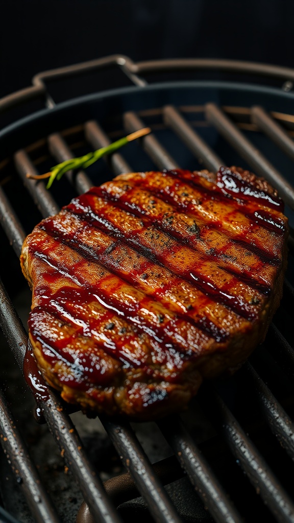 A deliciously grilled New York strip steak with a coffee rub, showcasing grill marks and a rich glaze.