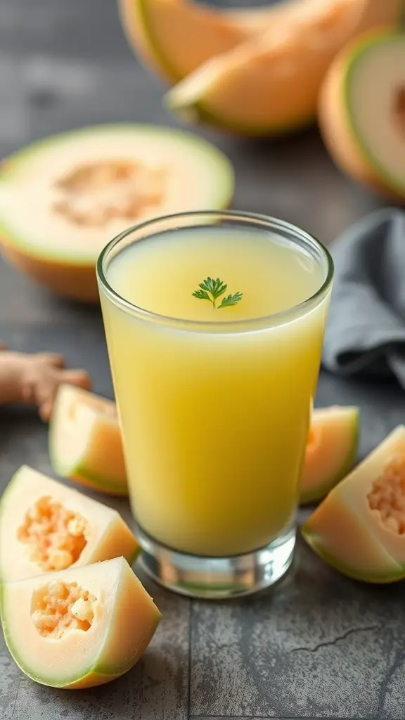A refreshing glass of cold melon soup garnished with a green herb, surrounded by melon pieces.