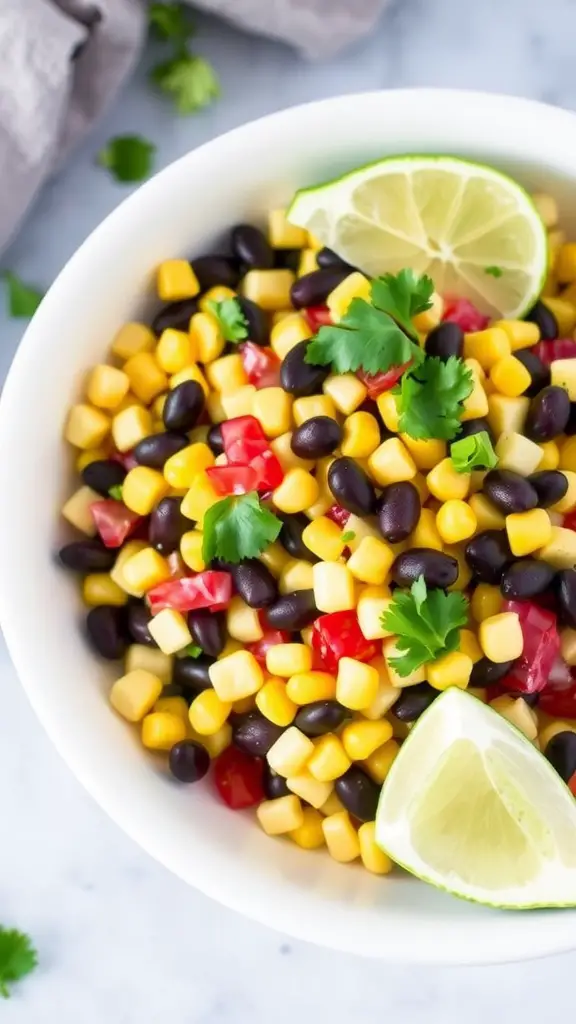 A vibrant corn and black bean salad served in a white bowl, garnished with lime and cilantro.