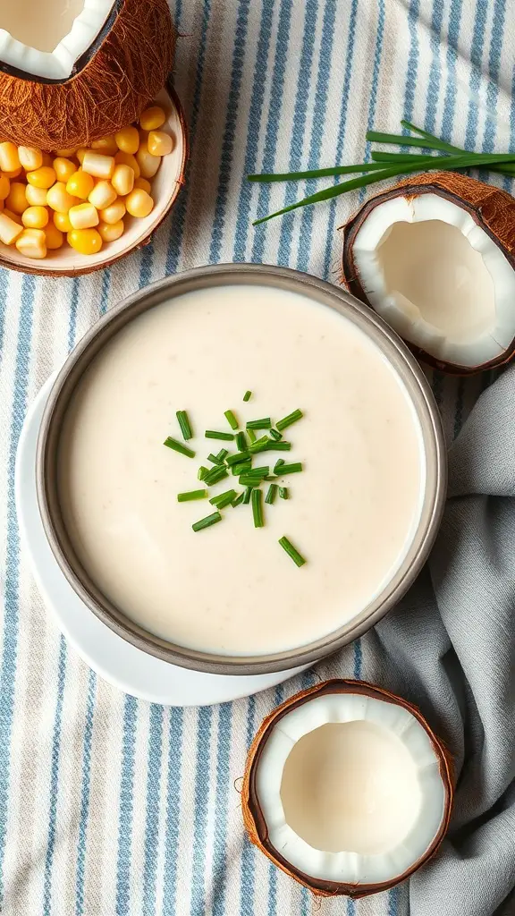 Bowl of corn and coconut chowder with chives on top