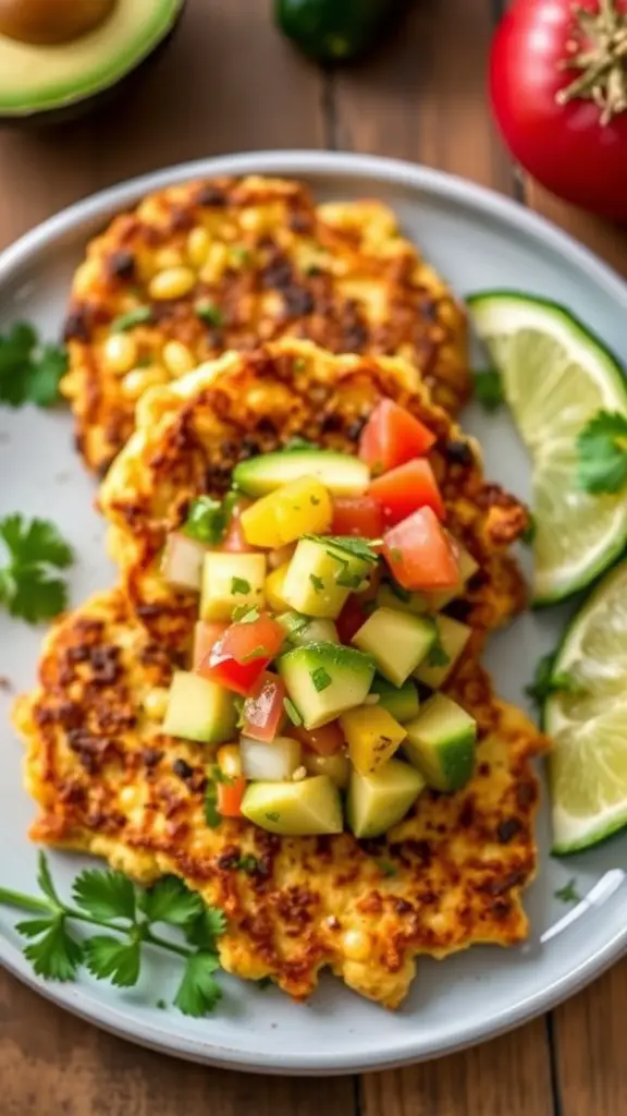 Delicious corn and zucchini fritters served with avocado salsa
