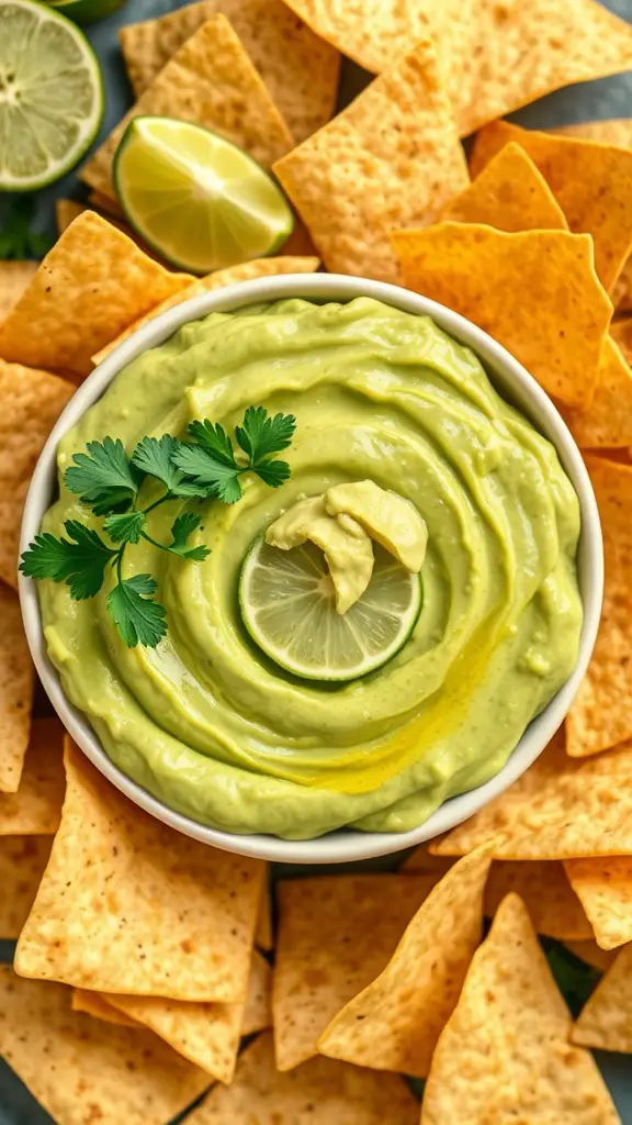 A bowl of creamy avocado and lime dip with tortilla chips surrounding it.