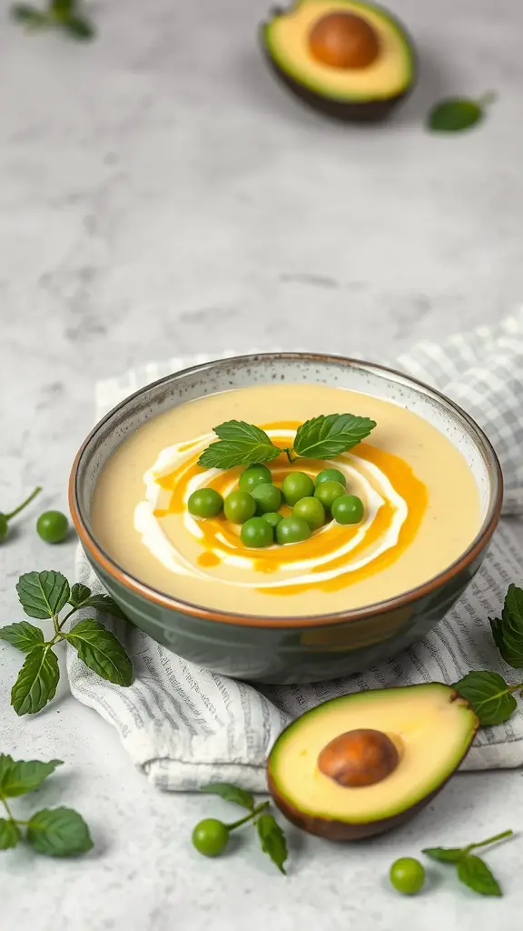 Bowl of creamy avocado and pea soup garnished with green peas and mint