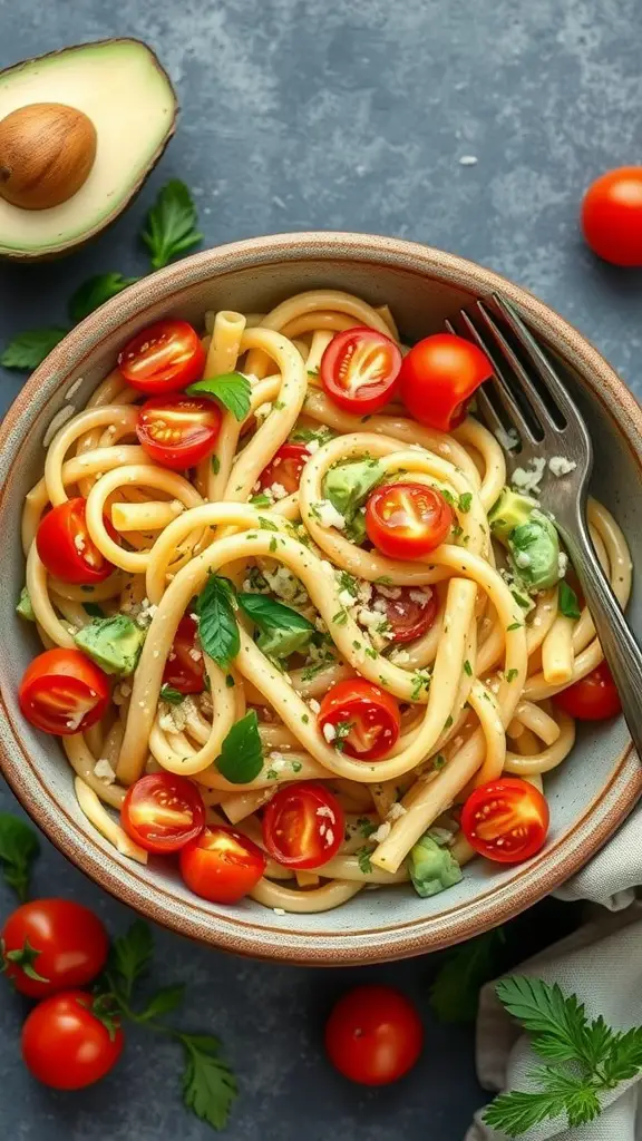 A bowl of creamy avocado pasta salad with cherry tomatoes and fresh herbs.