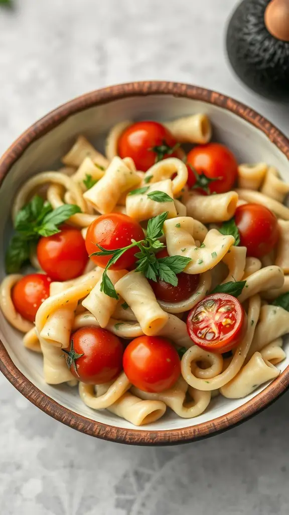 Creamy avocado pasta salad with cherry tomatoes in a brown bowl