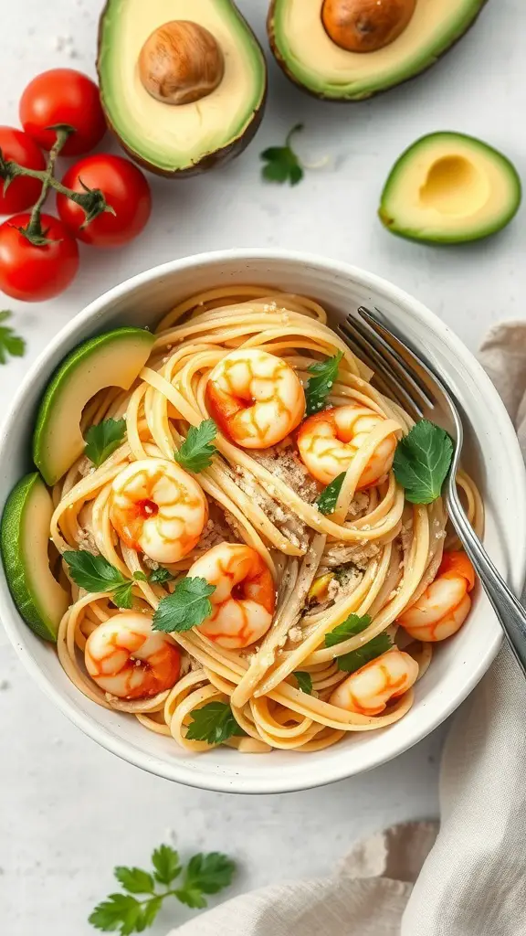 Creamy avocado shrimp fettuccine garnished with parsley and cherry tomatoes