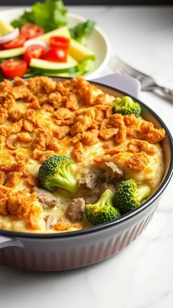 A creamy beef and broccoli casserole topped with crispy crackers, served with a fresh salad.
