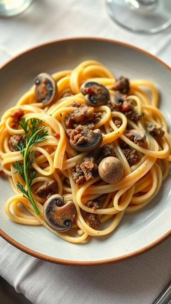 Creamy beef and mushroom pasta with a sprinkle of herbs