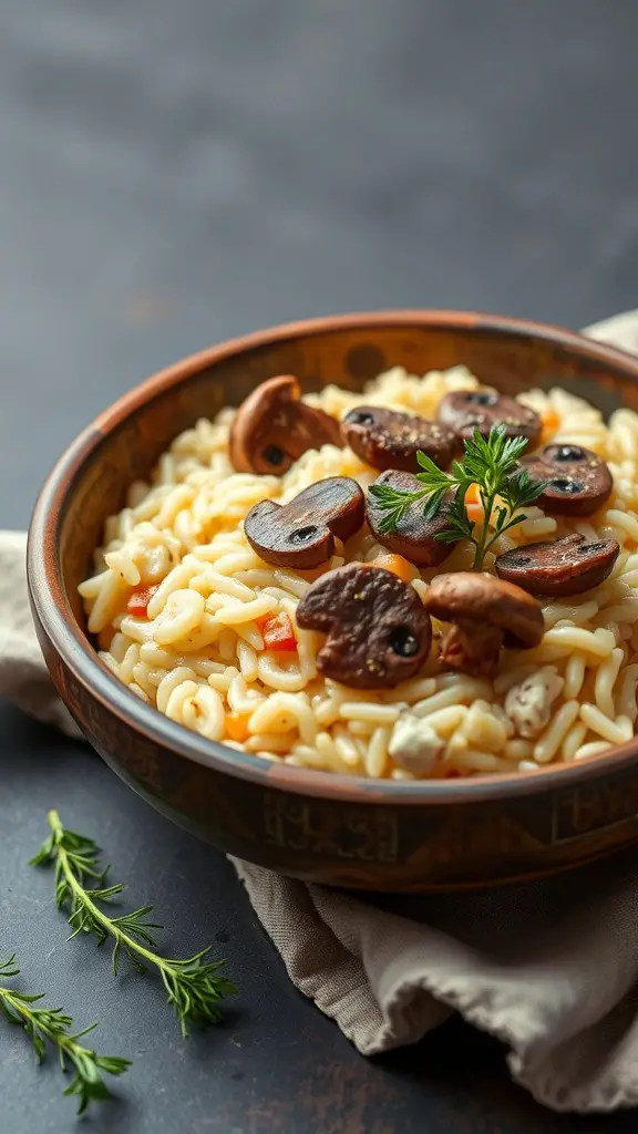 A bowl of creamy beef and mushroom risotto topped with mushrooms and parsley.