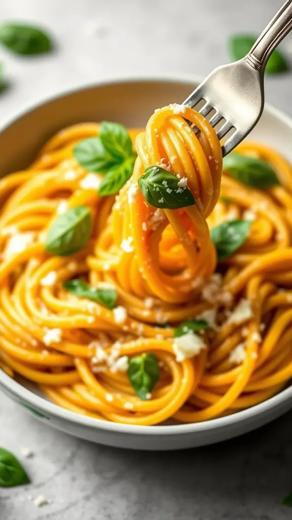 A bowl of creamy butternut squash pasta topped with basil leaves and cheese.