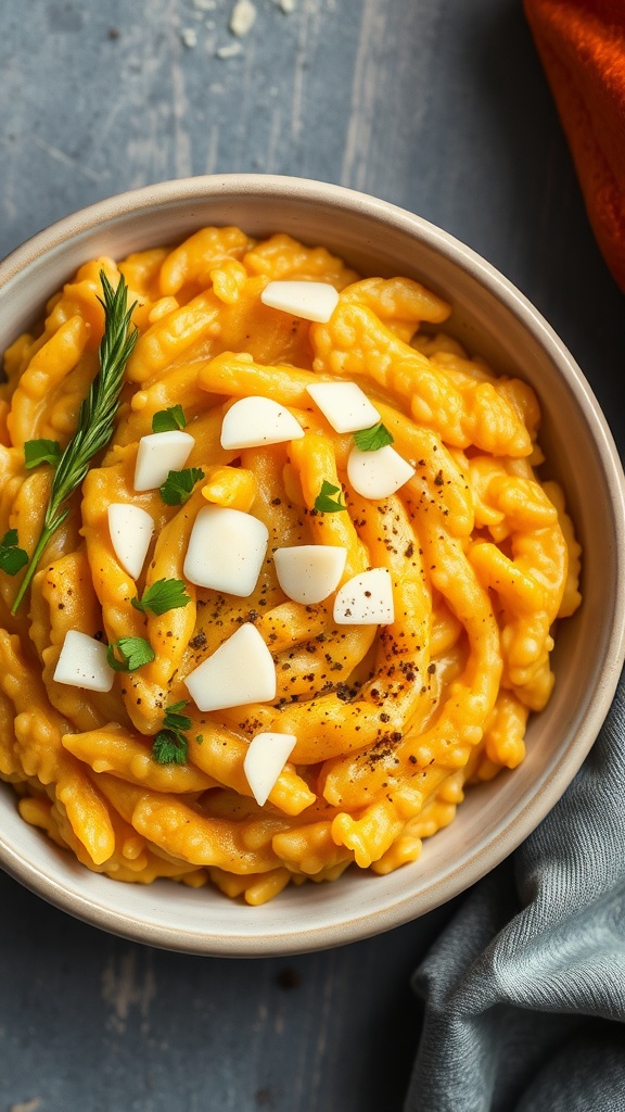 A bowl of creamy butternut squash risotto garnished with herbs and cheese.