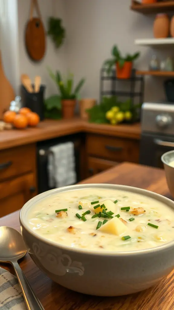 A bowl of creamy cabbage and potato soup garnished with chives.
