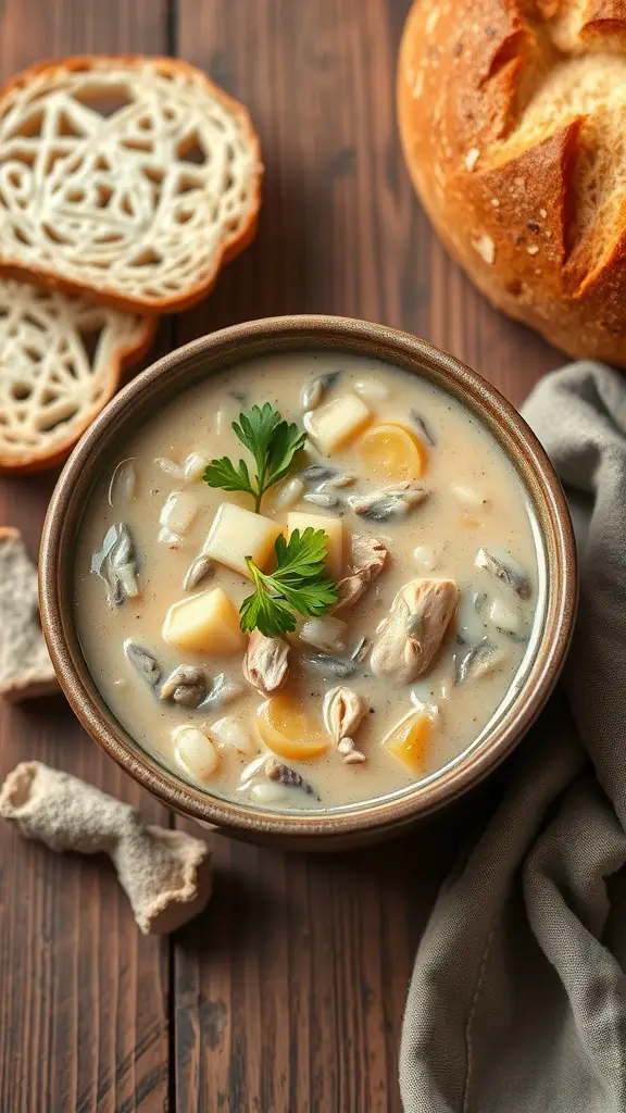 A bowl of creamy chicken and wild rice soup with slices of bread on the side.