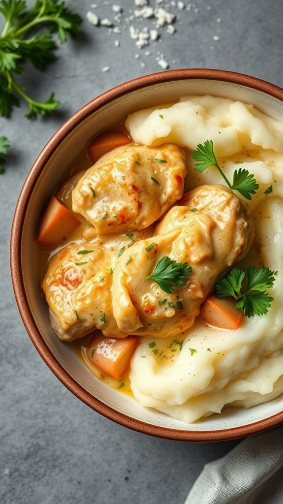 Creamy Garlic Parmesan Chicken served with mashed potatoes and carrots.