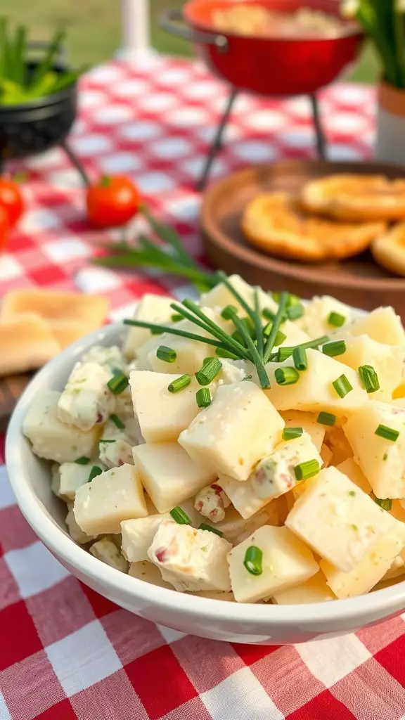 Bowl of creamy potato salad garnished with chives.