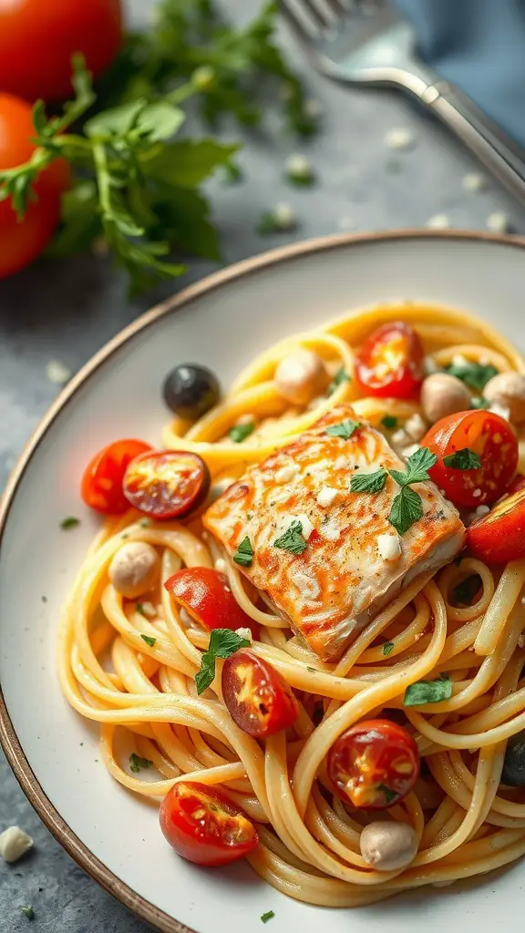 Plate of creamy salmon pasta primavera with cherry tomatoes and fresh herbs