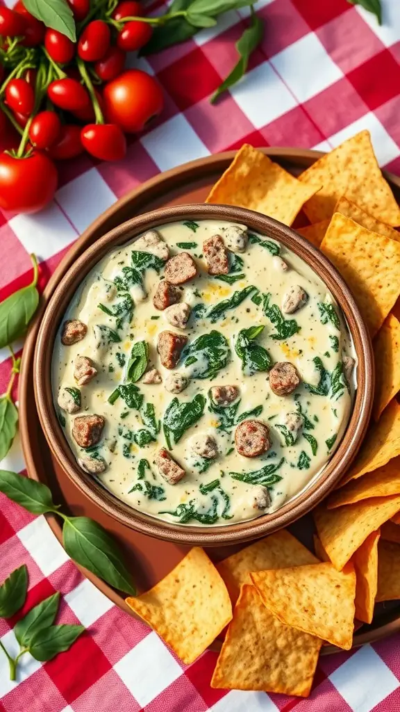 A creamy sausage and spinach dip served with chips, garnished with fresh spinach.