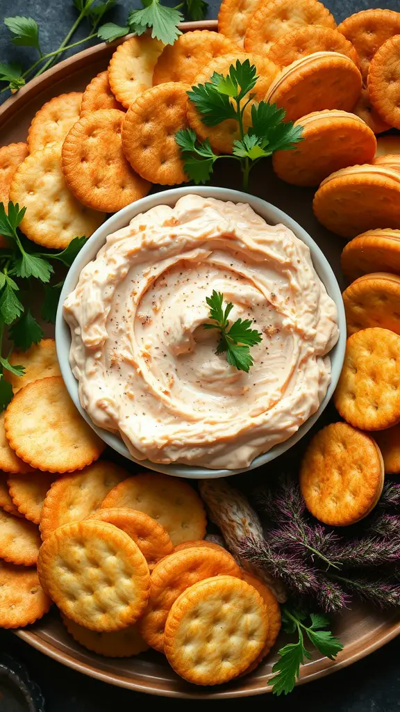 Creamy smoked salmon dip with crackers on a wooden platter