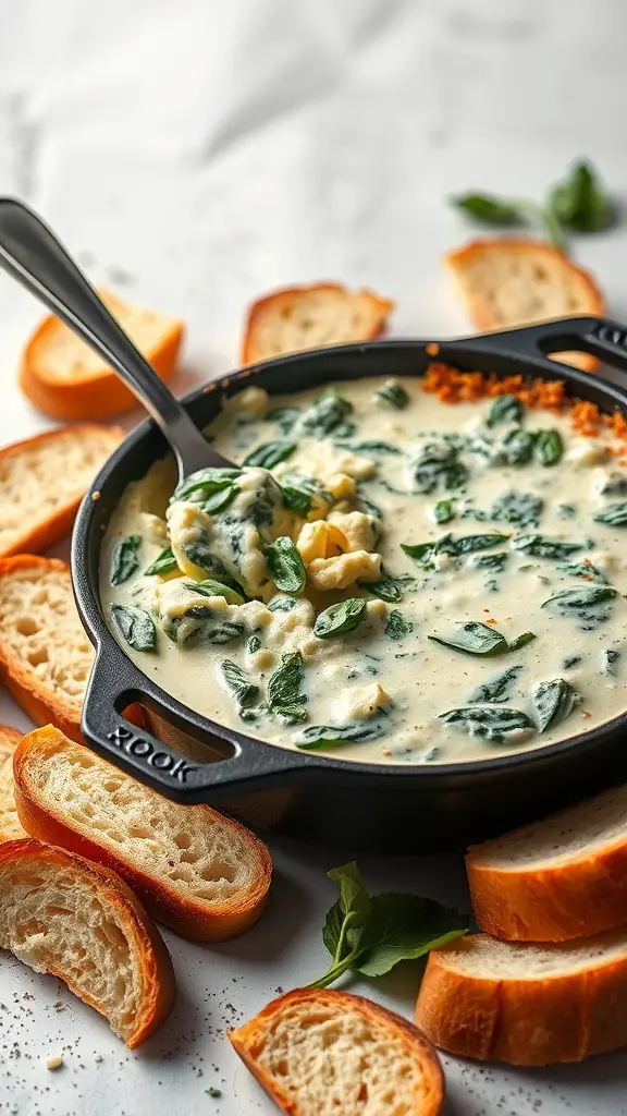 Creamy spinach and artichoke dip served with slices of bread