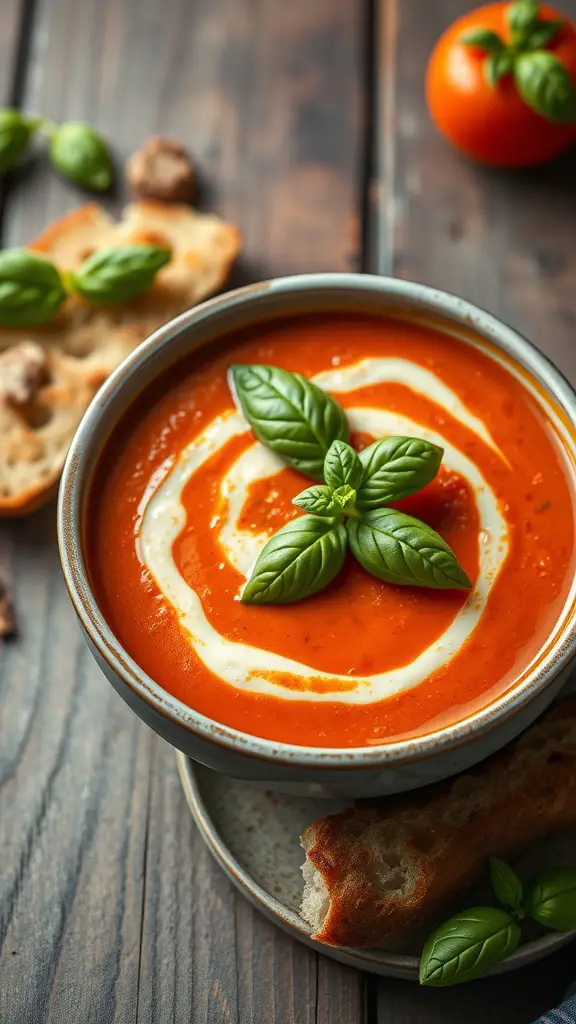 A bowl of creamy tomato basil soup garnished with fresh basil leaves.