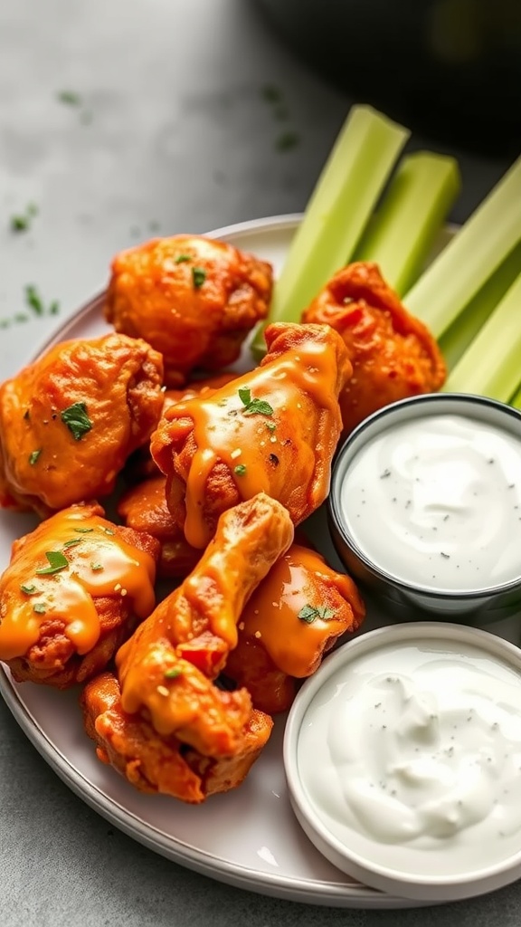 Crispy Air Fryer Buffalo Chicken Wings served with celery and dipping sauces.