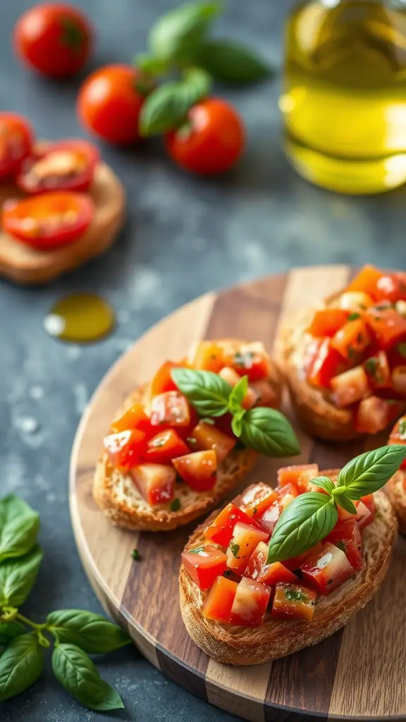 Crispy bruschetta topped with diced tomatoes and basil on toasted bread.