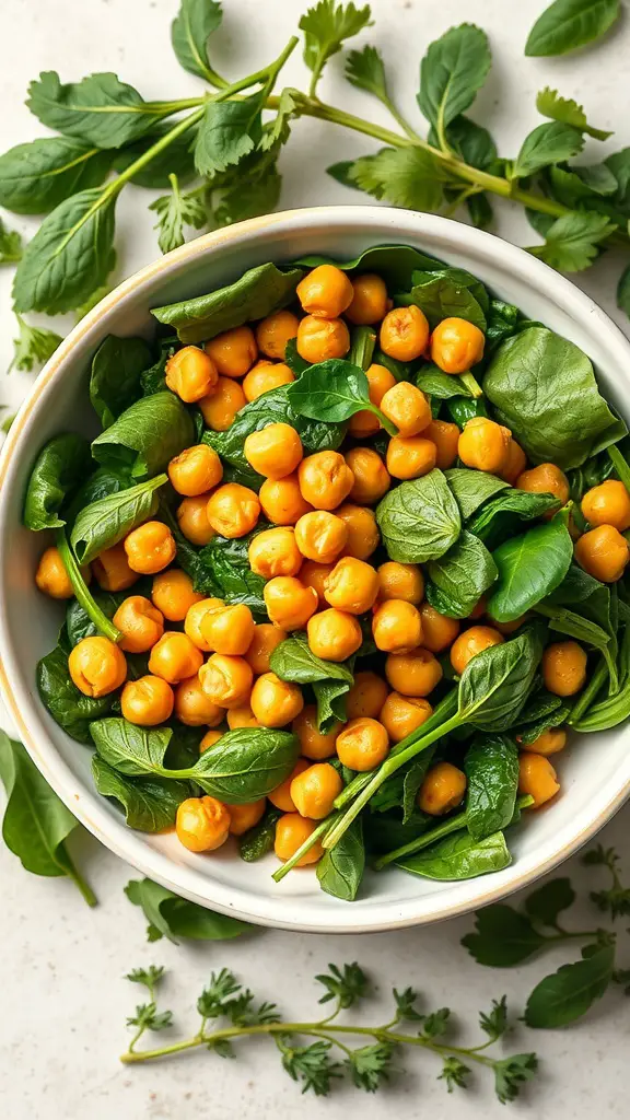 Crispy Chickpea and Spinach Salad with fresh greens and chickpeas.