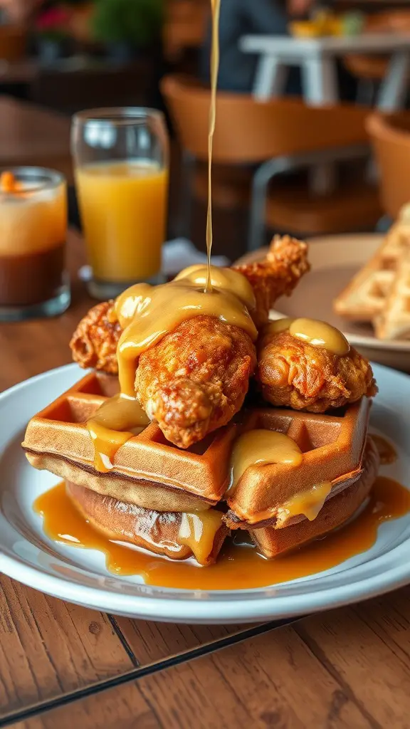 Crispy maple-glazed chicken served on fluffy waffles, drizzled with syrup.