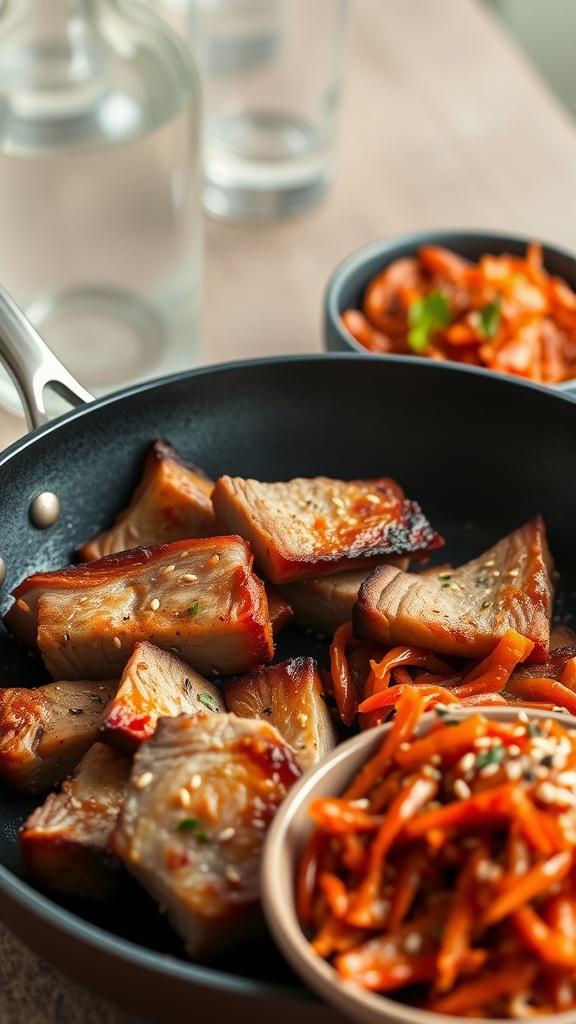 A plate of crispy skillet pork belly served with kimchi
