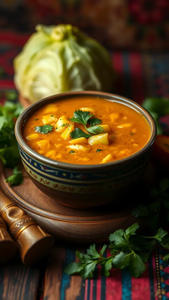 A bowl of curried cabbage soup garnished with cilantro