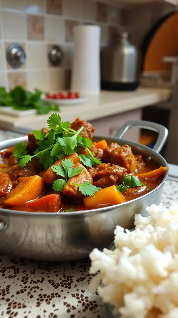 A comforting curry beef and vegetable bake served with rice.