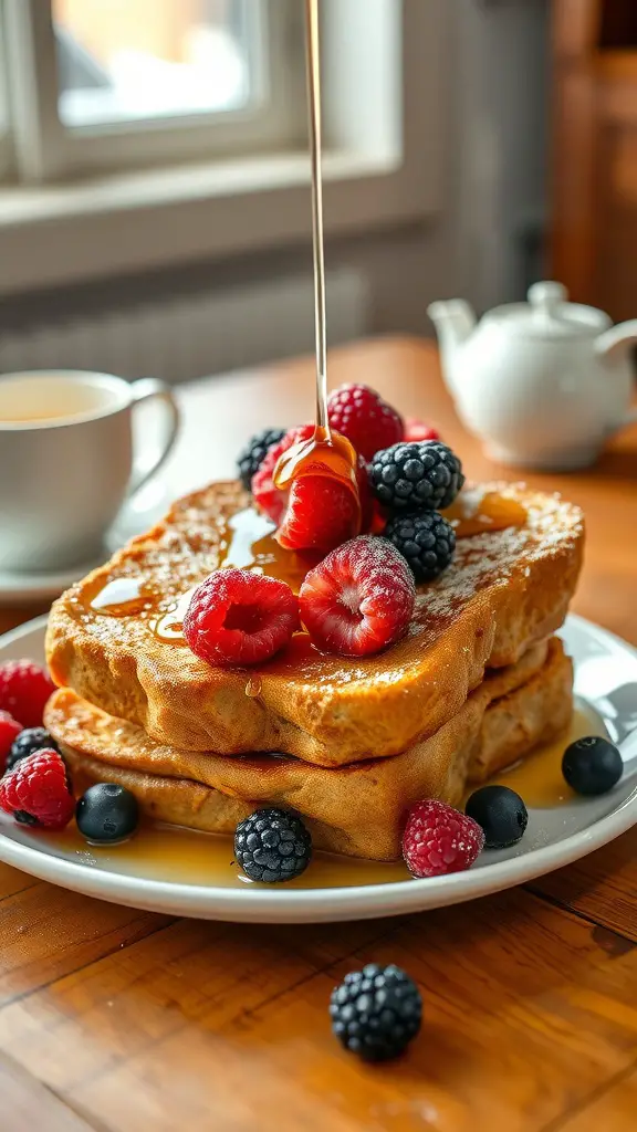 Delicious French toast topped with berries and maple syrup