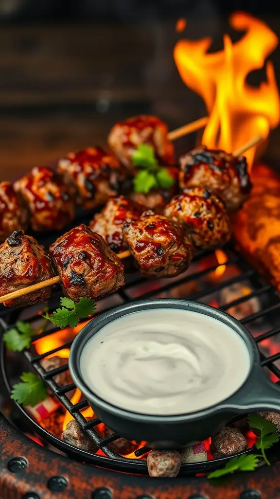Beef kofta kebabs grilling on a barbecue with a side of yogurt sauce.