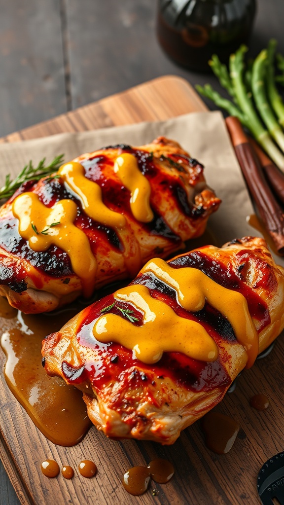 Grilled BBQ chicken breasts drizzled with mustard sauce