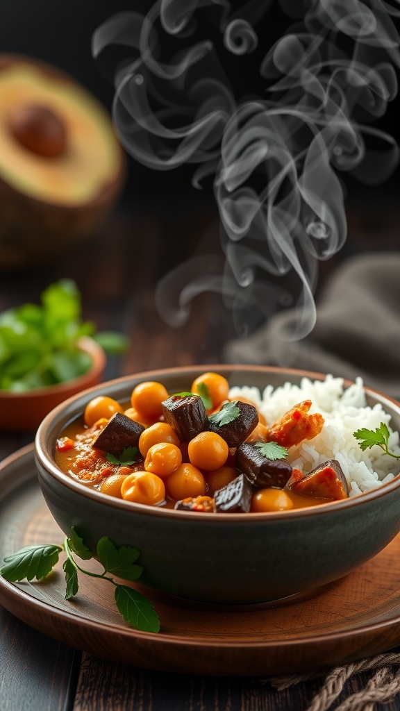 A bowl of eggplant and chickpea curry served with rice, garnished with fresh herbs.