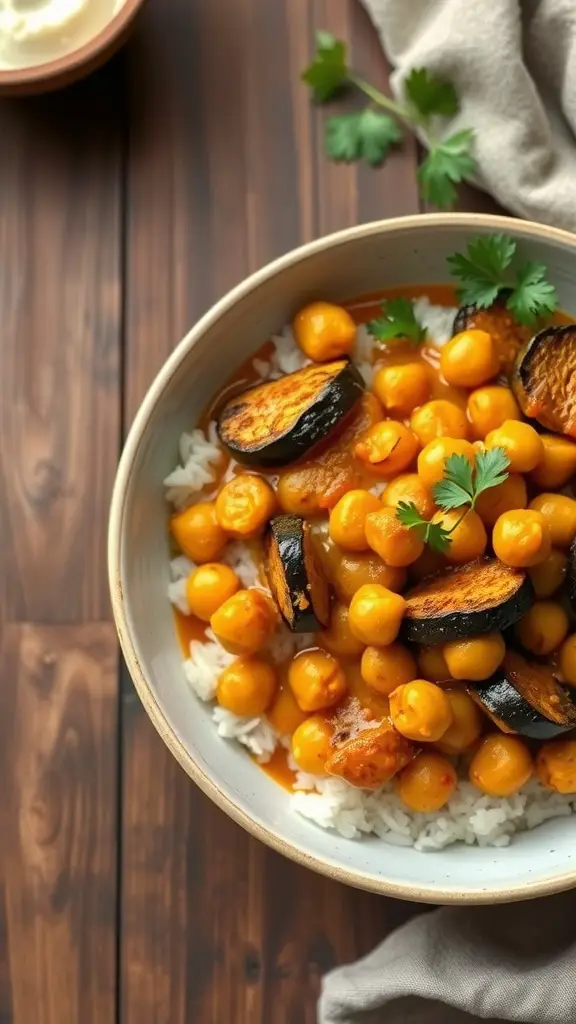 Bowl of Eggplant and Chickpea Curry served with rice